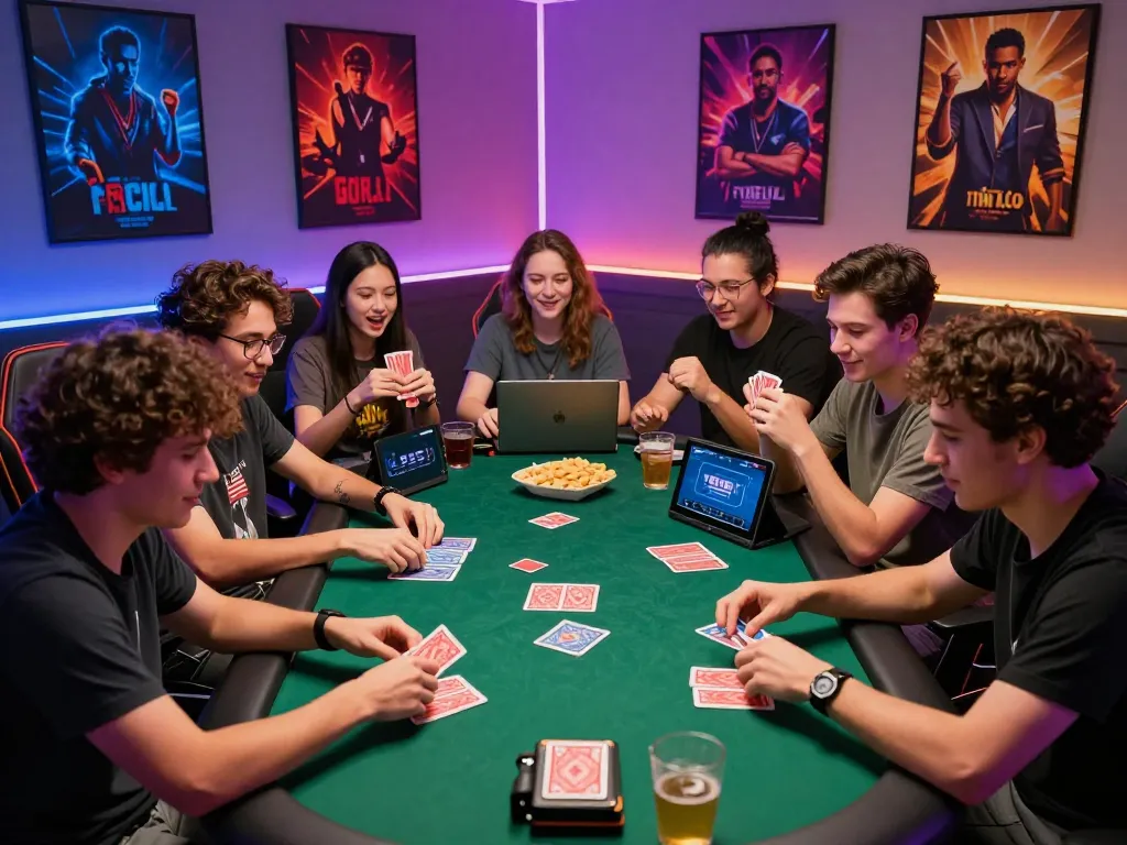 Diverse players enjoying Game bài together in a vibrant gaming environment with snacks and laptops