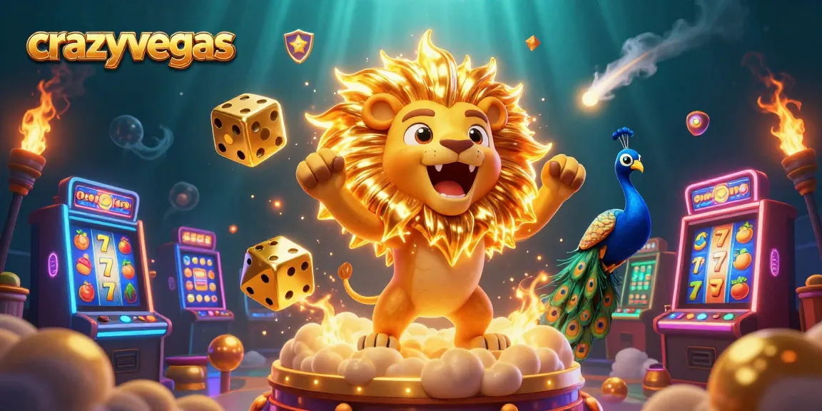 Experience thrilling winning moments with crazyvegas, featuring vibrant slot machines and a roaring lion in a dynamic casino scene.