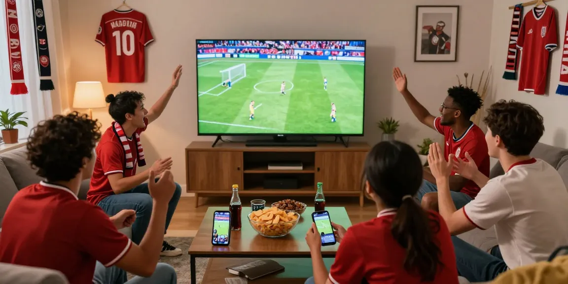Cakhia bóng đá scene with football fans passionately watching a live match in cozy living room.