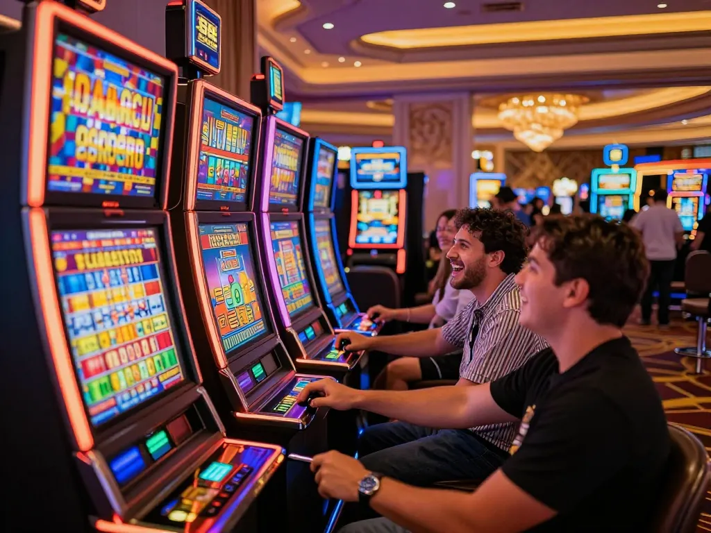 Players enjoying vibrant slot machines in a lively casino atmosphere, showcasing action and excitement surrounding mb666.