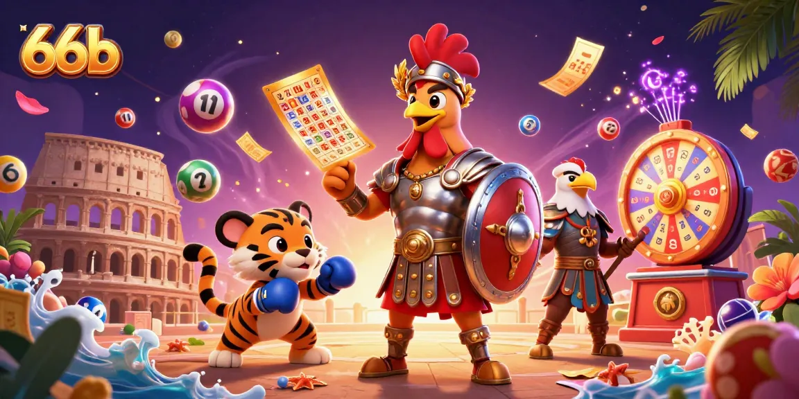 66b gladiator rooster and tiger cub celebrate in vibrant gambling arena, showcasing excitement and prizes