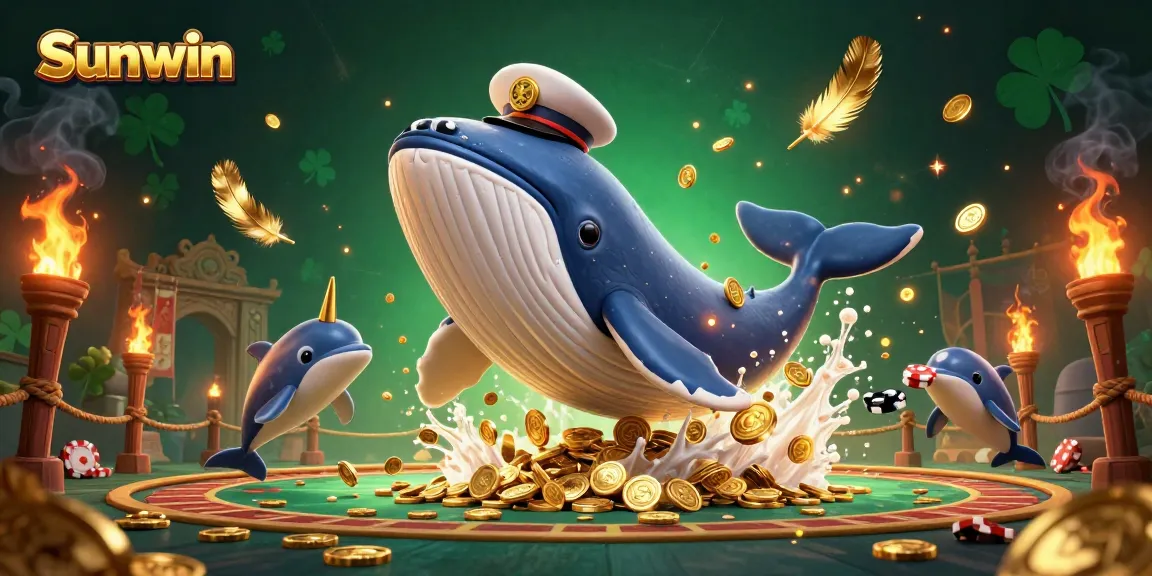 Engage in thrilling casino games with Sunwin featuring a vibrant whale, narwhal, and dolphins amid a sea of gold.