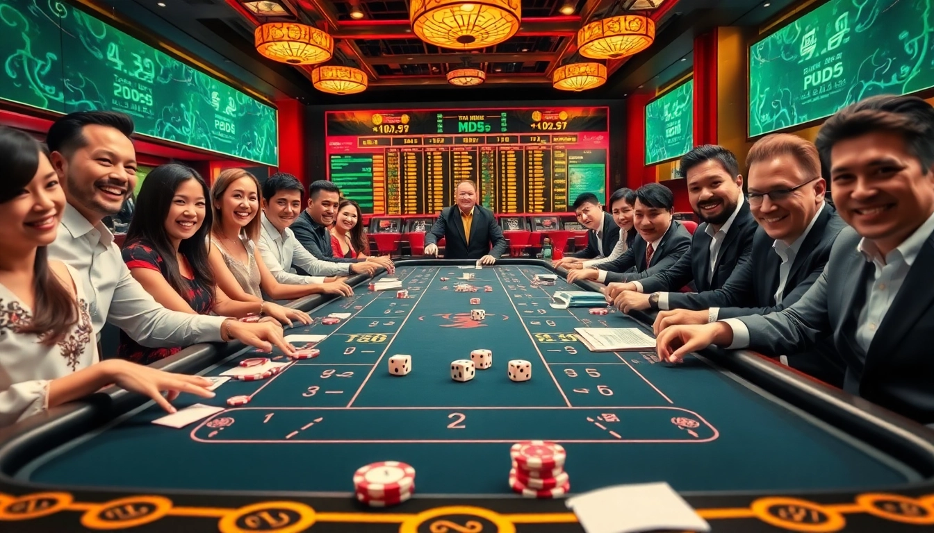 Tài Xỉu MD5 gaming scene with players excitedly placing bets at a vibrant casino table.