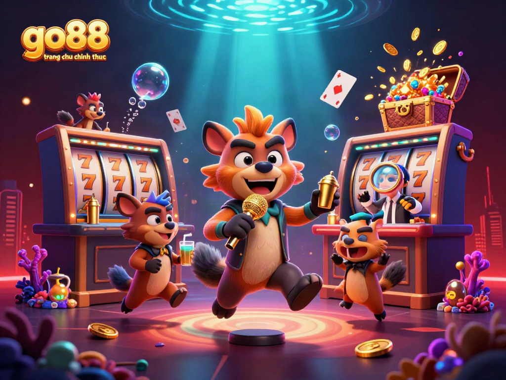 Experience the go88 trang chu chinh thuc action with vibrant 3D hyena characters in a lively casino scene.