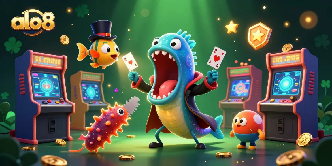 A gleeful 3D depiction of a deep-sea gulper eel performing at an alo8-themed online casino event with vibrant game elements.