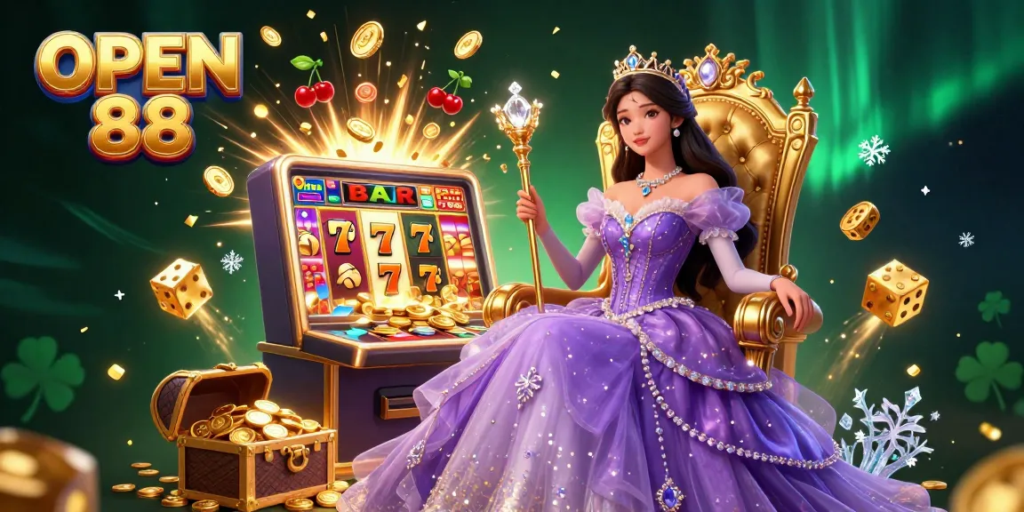 Experience thrilling jackpots at OPEN 88 with a stunning casino illustration, showcasing abundant game elements.