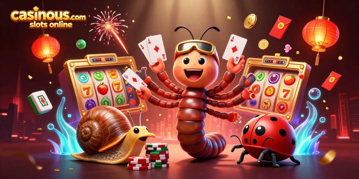 Spin to win exciting slots at casinous.com slots online with a vibrant illustration of lively casino characters.