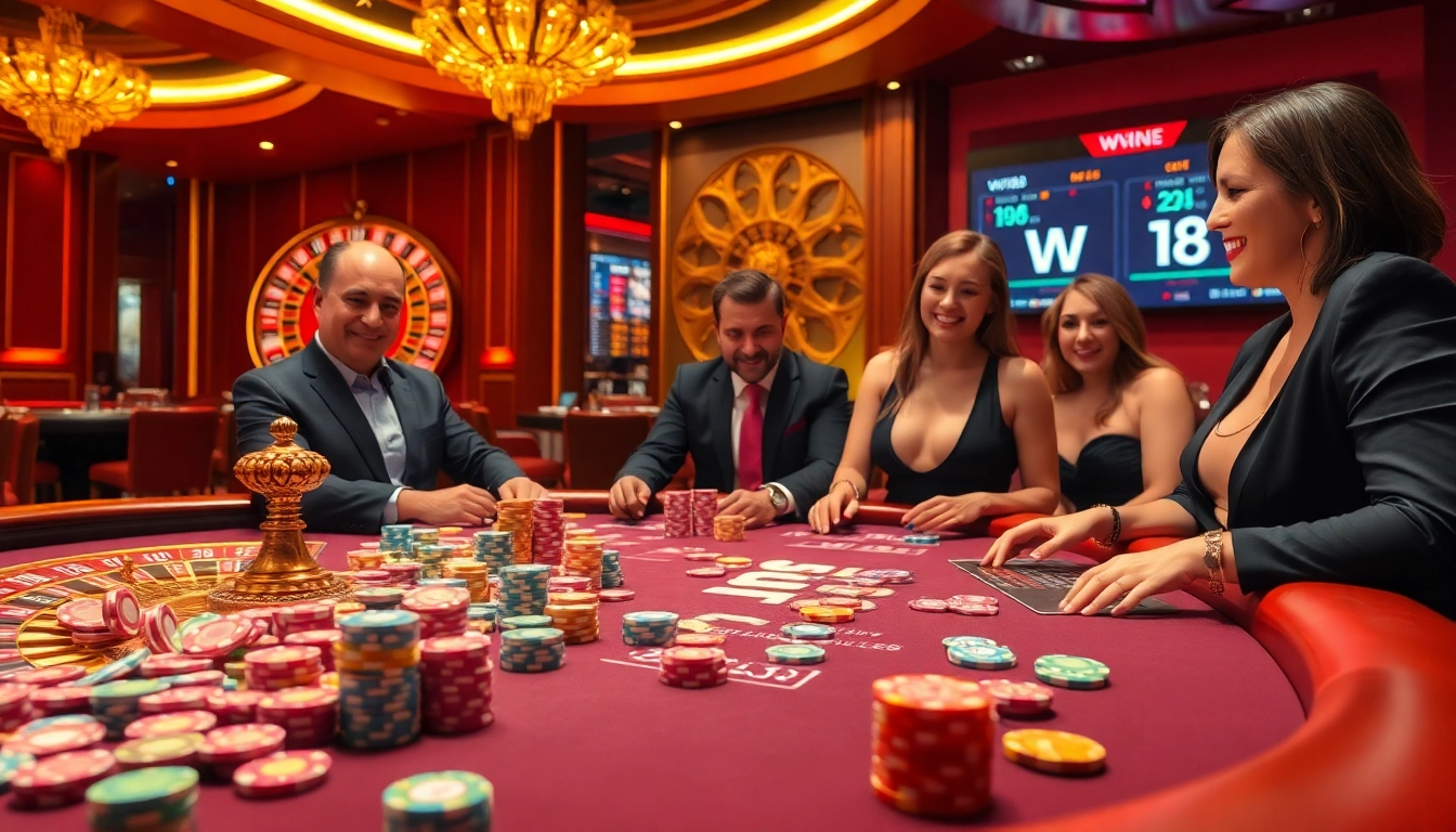 W188 gaming experience with players at a vibrant poker table, cards, and chips.
