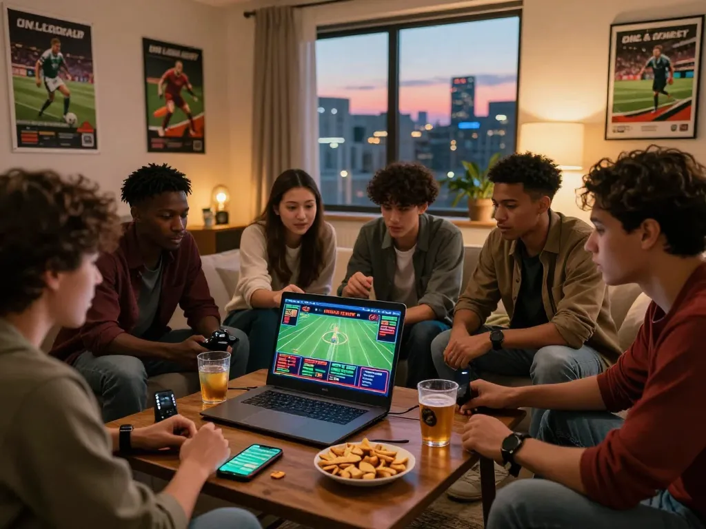 Friends enjoying live sports betting on rikbet with laptops and snacks in a cozy living room setting.