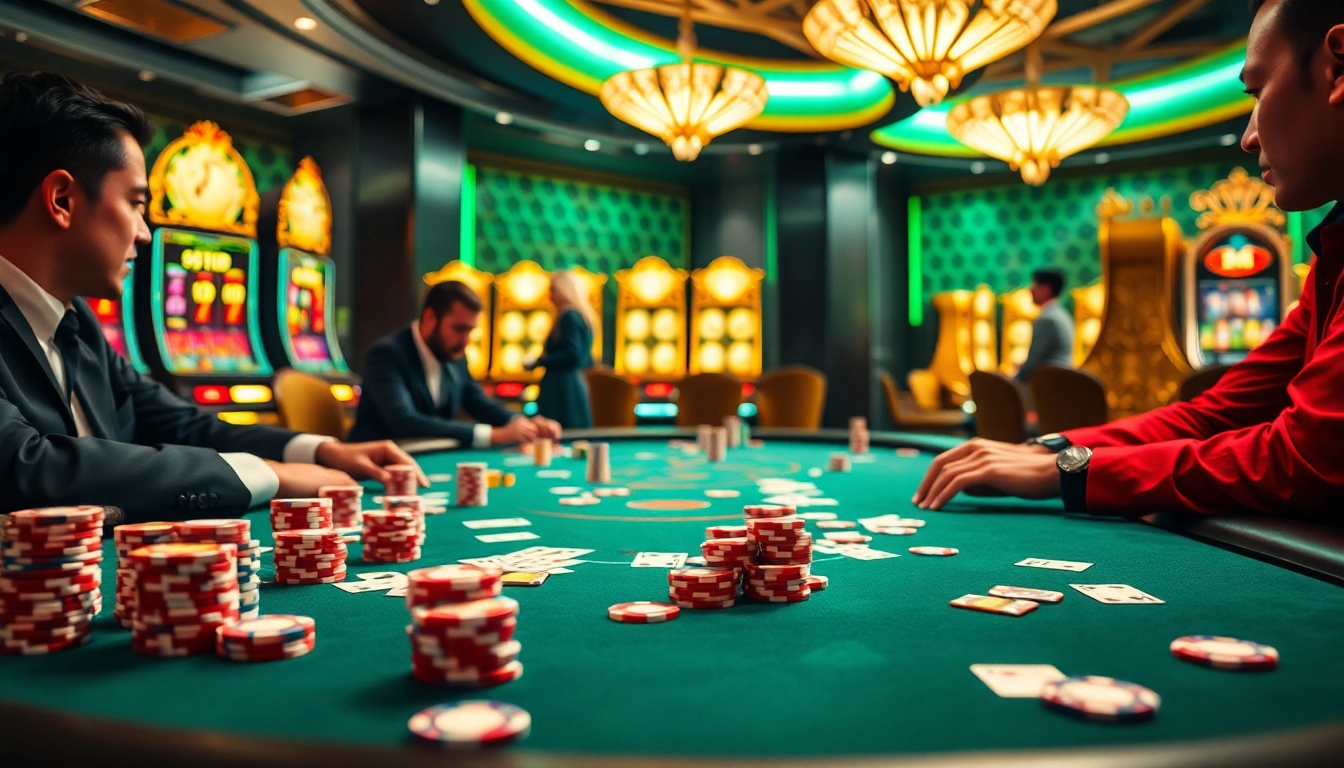 Engaging poker game at https://jtg88.com/ showcasing vibrant atmosphere and colorful chips.