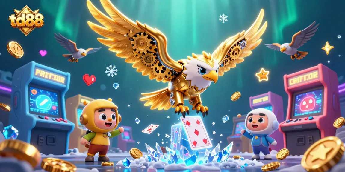 Engage with the vibrant 3D casino adventure of td88 featuring a cybernetic eagle soaring through holographic cards.