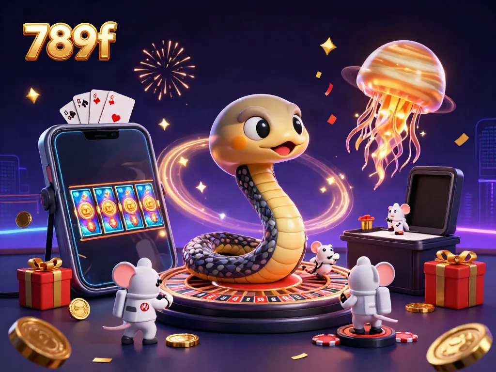 Experience thrilling bets with 789f in a cosmic casino scene featuring playful characters and vibrant games.