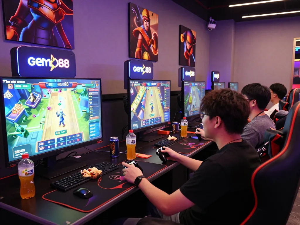 Friends enjoying gem88 casino video game in vibrant gaming lounge