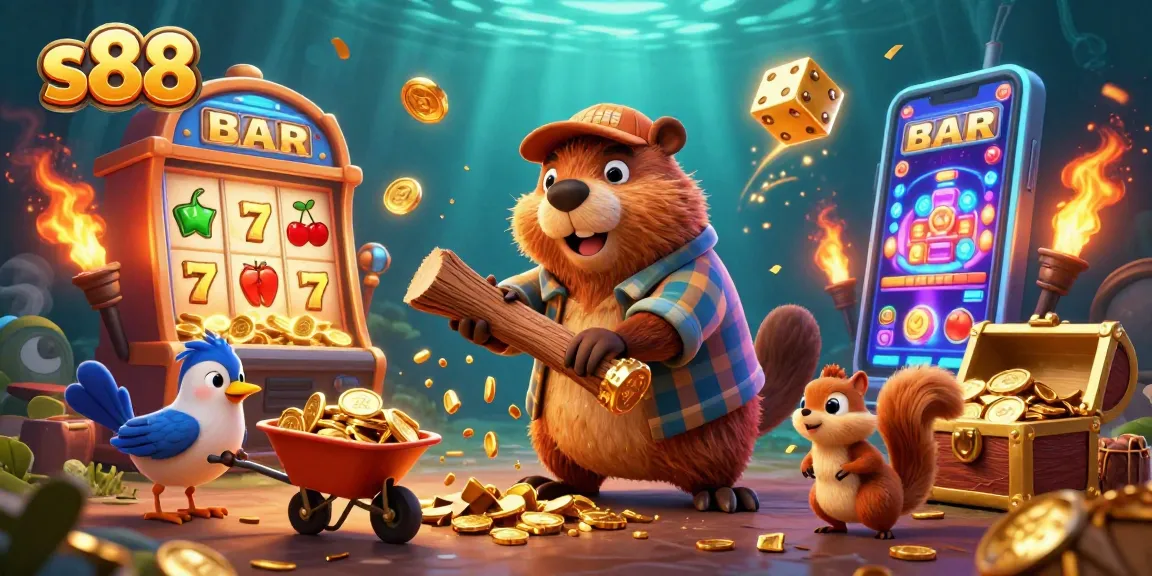 S88 players engage excitingly with gold coins raining down in a vibrant cartoon casino scene.