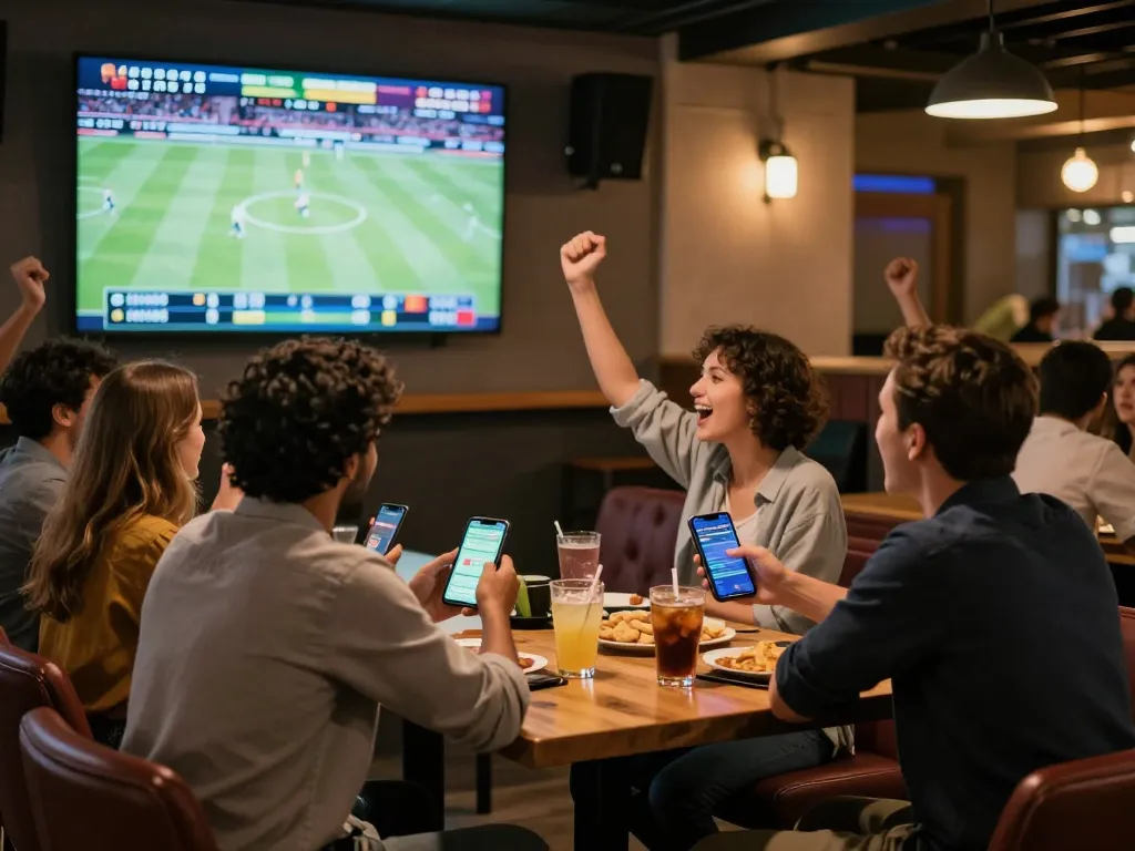 Friends enjoying sports betting at a bar, showcasing the interactive aspect of bongdalu.