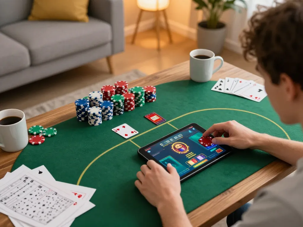 Player strategizing poker game on tablet using 789win1 platform in cozy home setting.