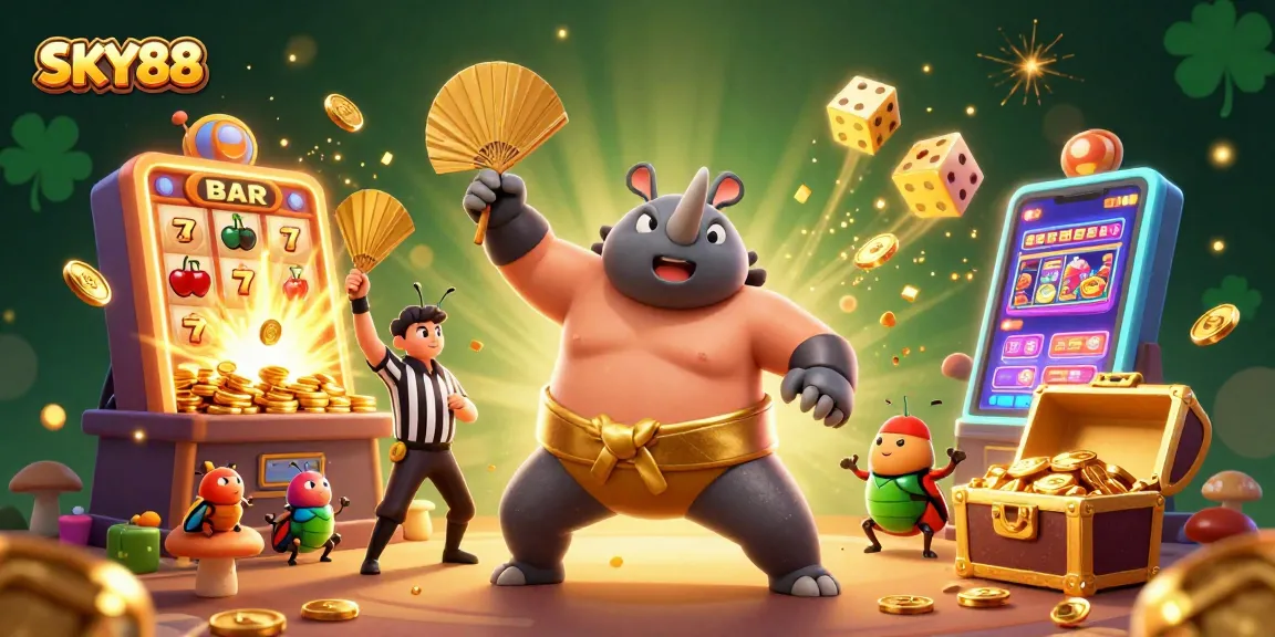 SKY88 presents a vibrant casino scene with a rhinoceros beetle champion and engaging elements of excitement.