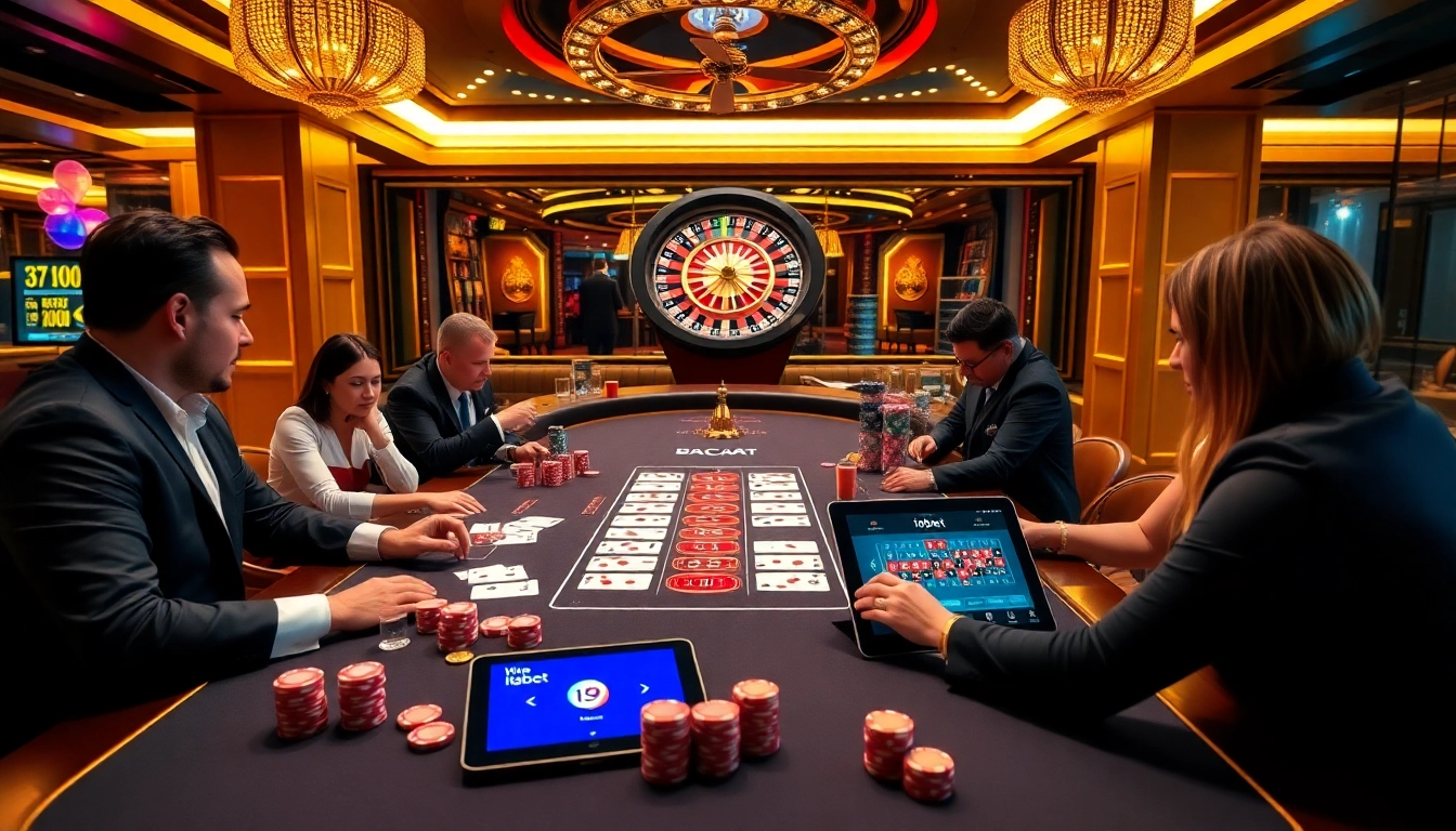 Excited players enjoying a vibrant baccarat game on i9bet's high-tech online casino.