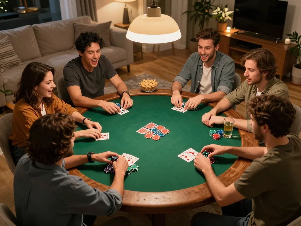 Friends playing poker at home with 789win atmosphere, focusing on strategy and enjoyment