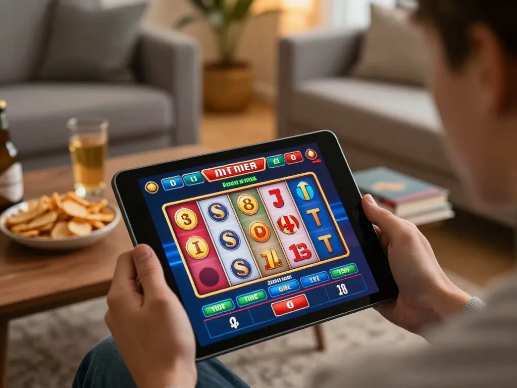 Engaging user enjoying 78 win experience on tablet during cozy home casino night.