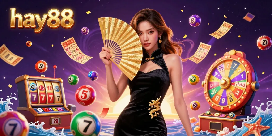 Experience excitement at hay88 with a lively 3D scene filled with colorful lottery elements and dynamic action.