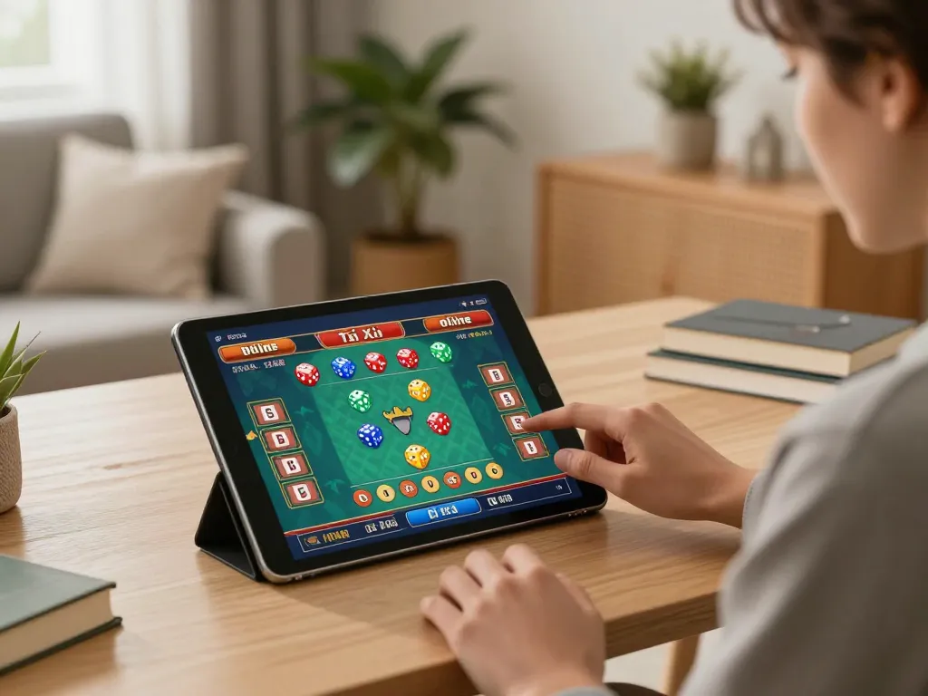 Person engages with taixiuonline8 for an immersive online gaming experience from a stylish home office