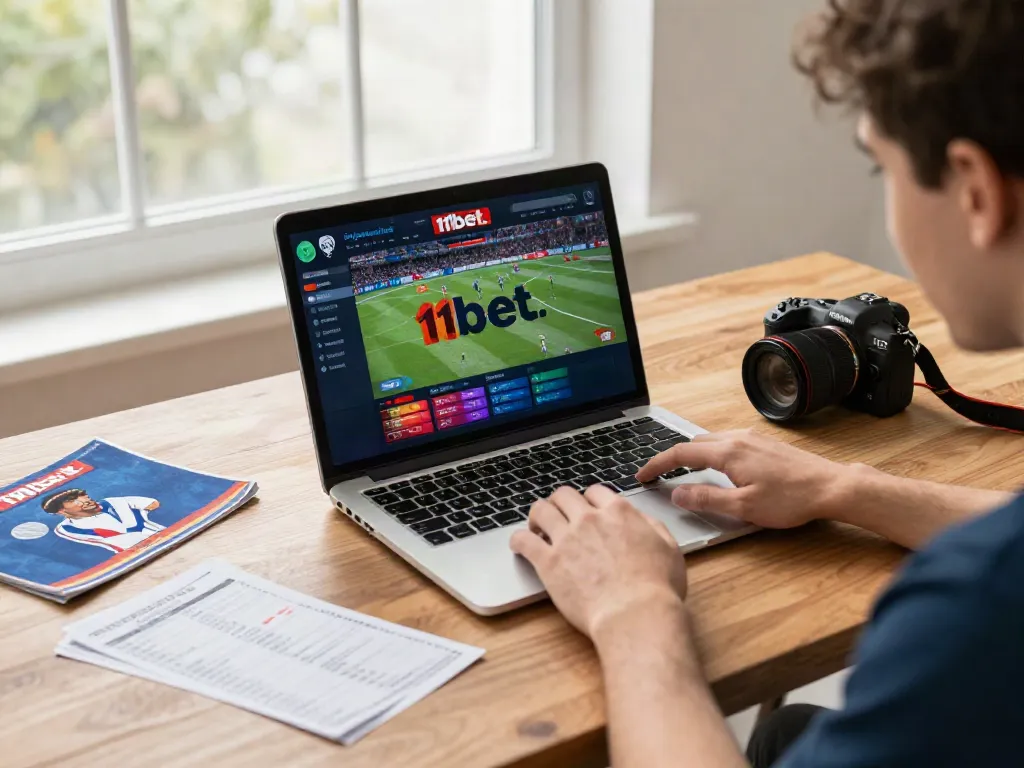 An online sports betting enthusiast using 11bet.com on a laptop, with sports memorabilia and betting slips, capturing excitement.