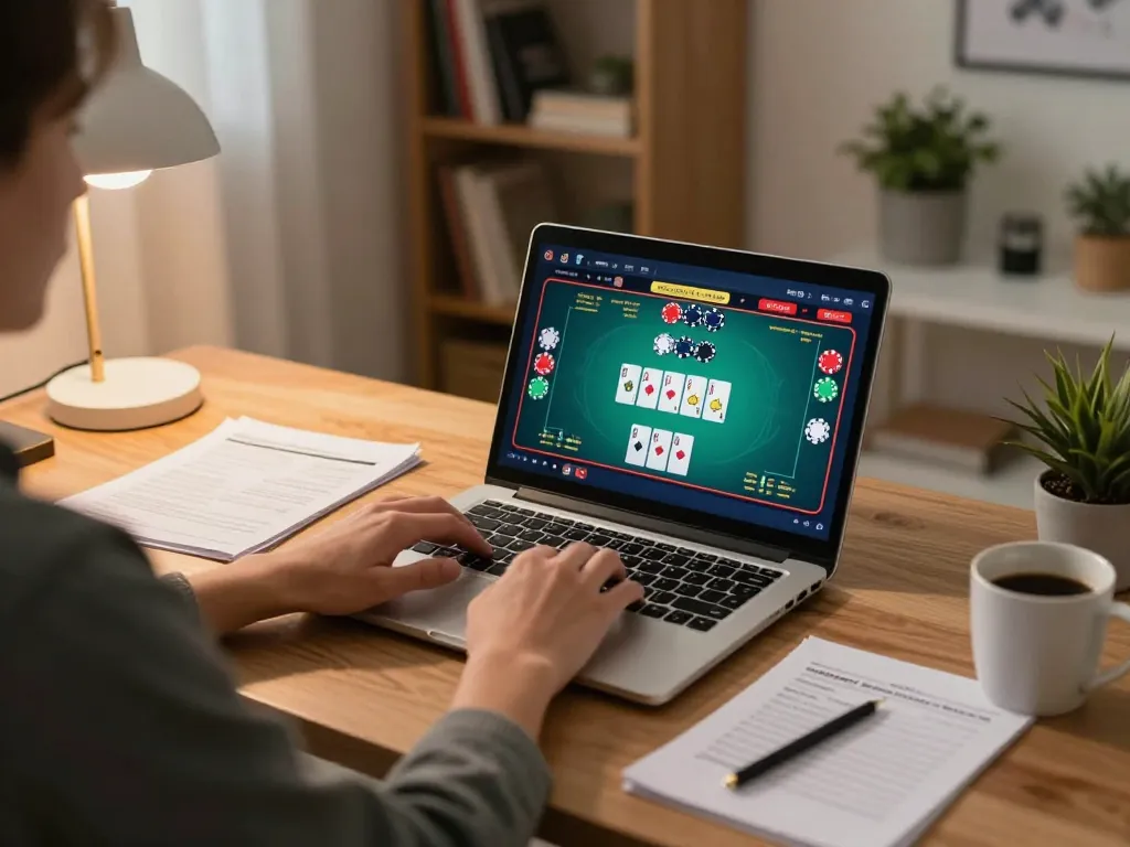 Player engaging in online poker game at home using u888 platform with strategic notes and cozy atmosphere