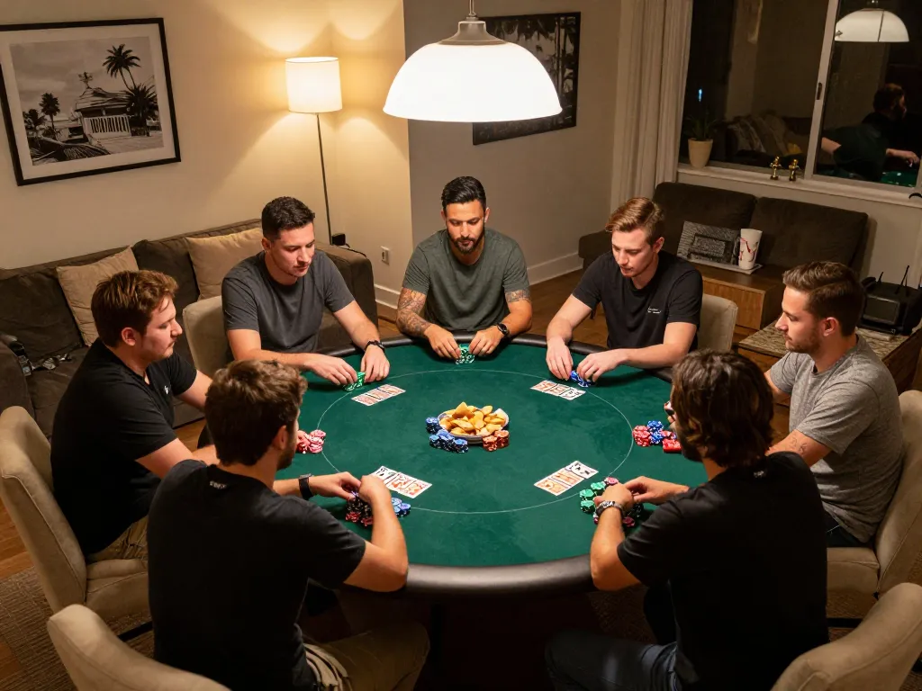 Friends enjoying a friendly poker game at home with F8BETZ themed decor, celebration of strategic gameplay