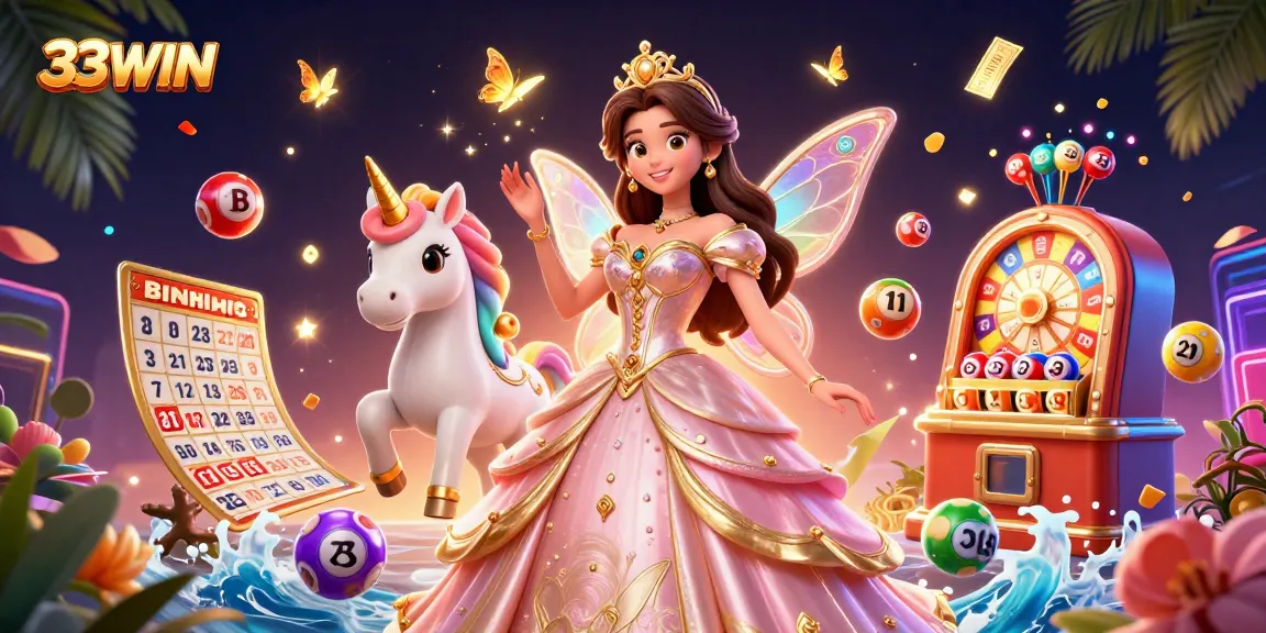 Engage with 33WIN in this vibrant 3D casino scene filled with lottery excitement and dynamic elements.