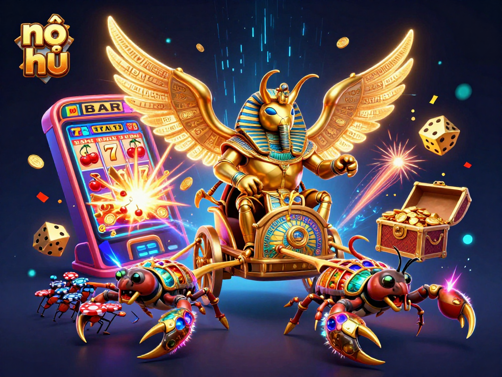 Experience nổ hũ with a dynamic casino scene featuring vibrant characters and thrilling game elements.