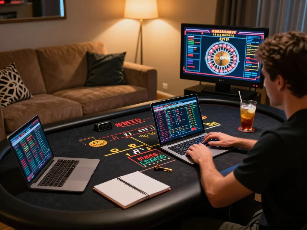 MM88 player engaging with live dealer roulette in a cozy home atmosphere.