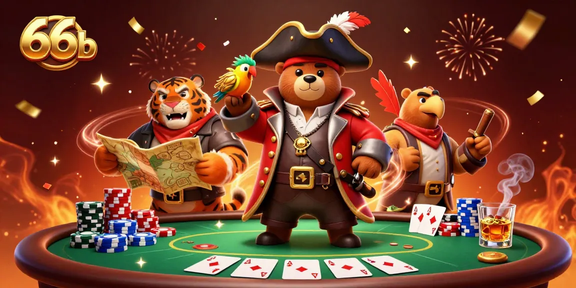 66b showcases a cartoon pirate bear and tiger at a poker table, celebrating wins with vibrant colors.