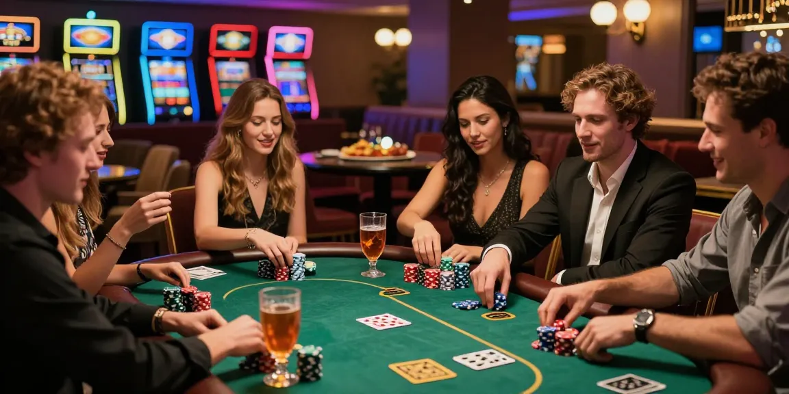 Friends enjoying a lively poker game at KOMBET168 in a luxurious casino lounge.