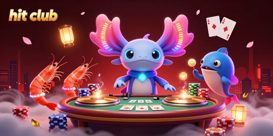 Experience the excitement of hit club with a vibrant scene of a neon axolotl DJ and casino elements.