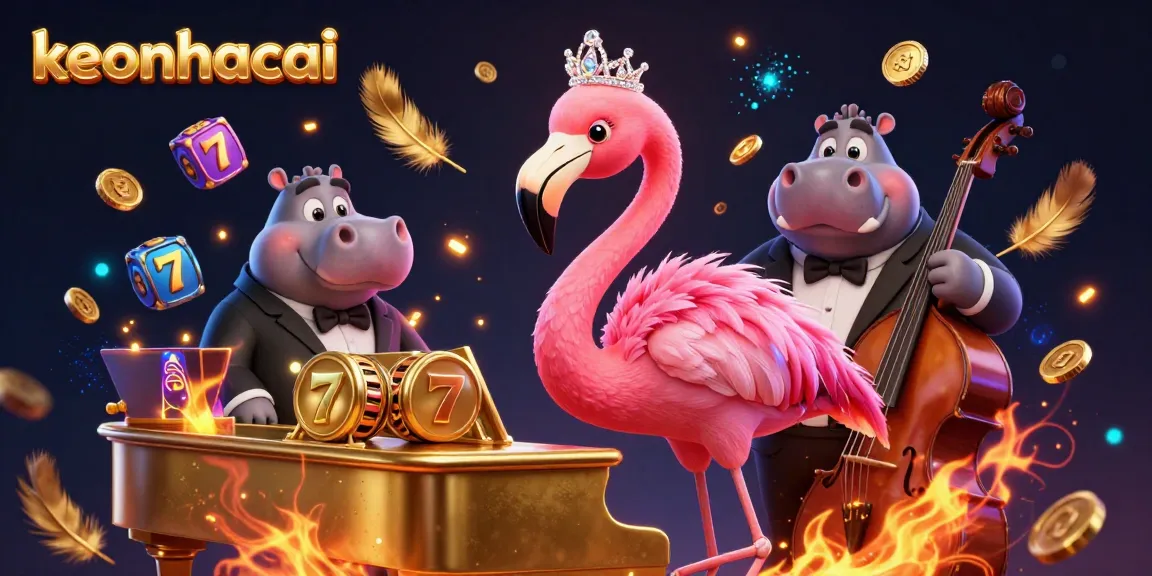 Join the fun of keonhacai with a vibrant casino scene featuring a flamingo singer and hippo bassist.