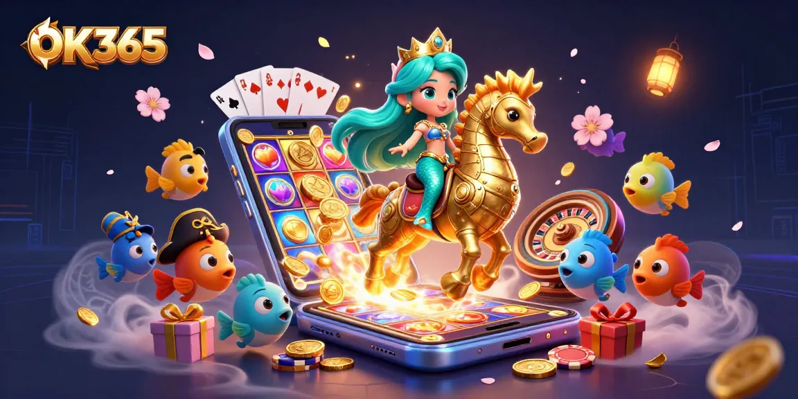 Engage with OK365's vibrant casino experience featuring a mermaid princess amidst dynamic slot games and colorful casino elements.
