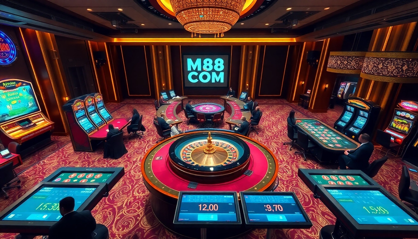 Exciting casino scene at MM88 COM with vibrant gaming tables and slot machines.