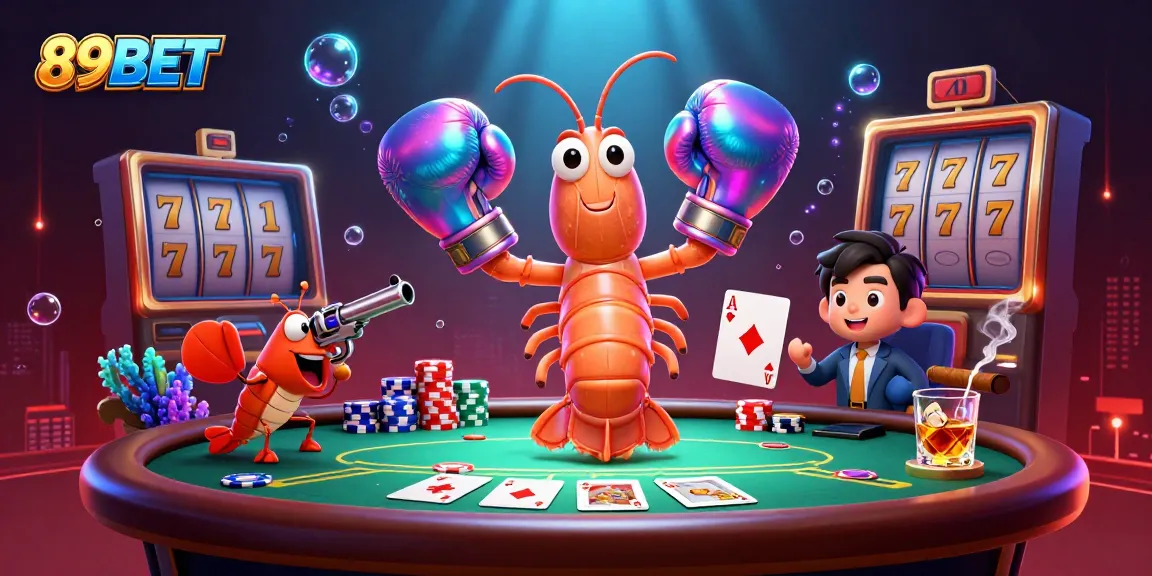 Engage with 89BET in a spectacular 3D casino scene showcasing vibrant characters, slot reels, and poker excitement.