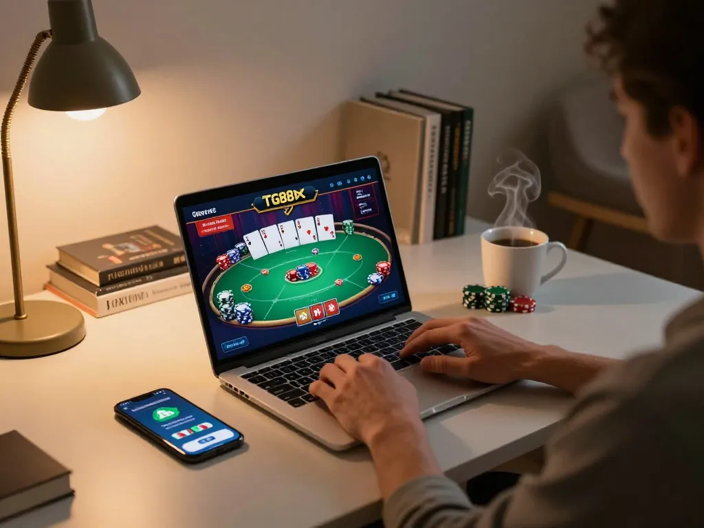Engaging in online gaming on TG88 with poker interface visible and cozy atmosphere.