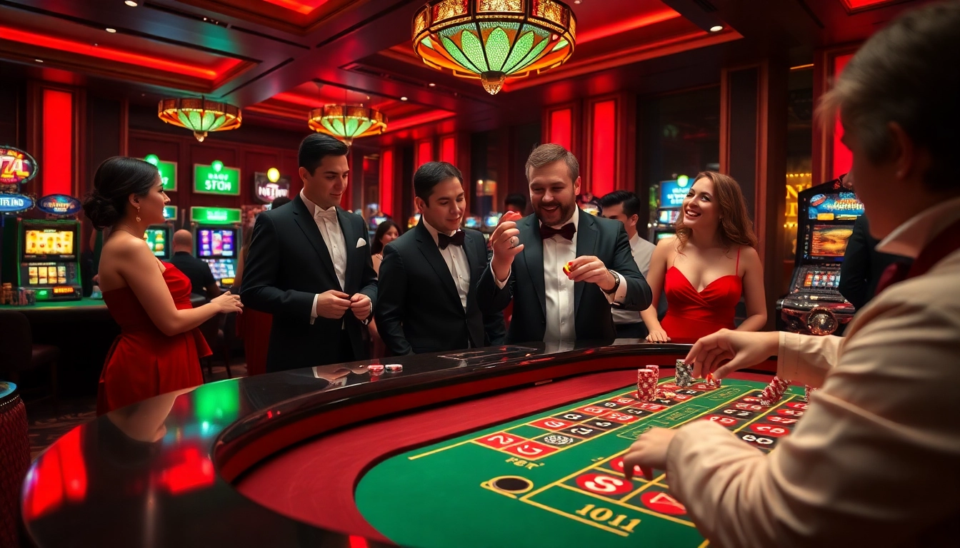 A vibrant casino scene where players engage in high-stakes betting at https://nk88top.com/ roulette and slot tables.