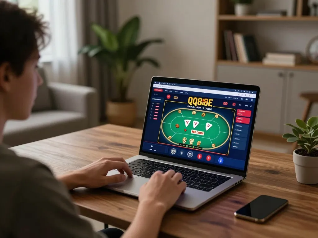 Player enjoying a thrilling gaming session on QQ88AE's poker platform in a cozy home atmosphere