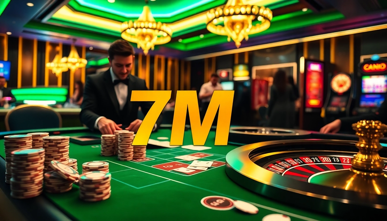 Experience the excitement of 7M in a vibrant casino scene with poker tables and thrilling games.