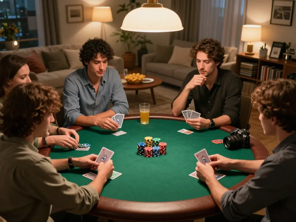 Okwintv poker night action featuring engaged players, vibrant chips, and warm atmosphere.