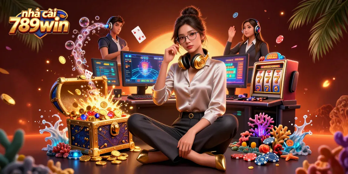 Engage with nhà cái 789win through vibrant casino gaming illustration, showcasing a sophisticated gamer.