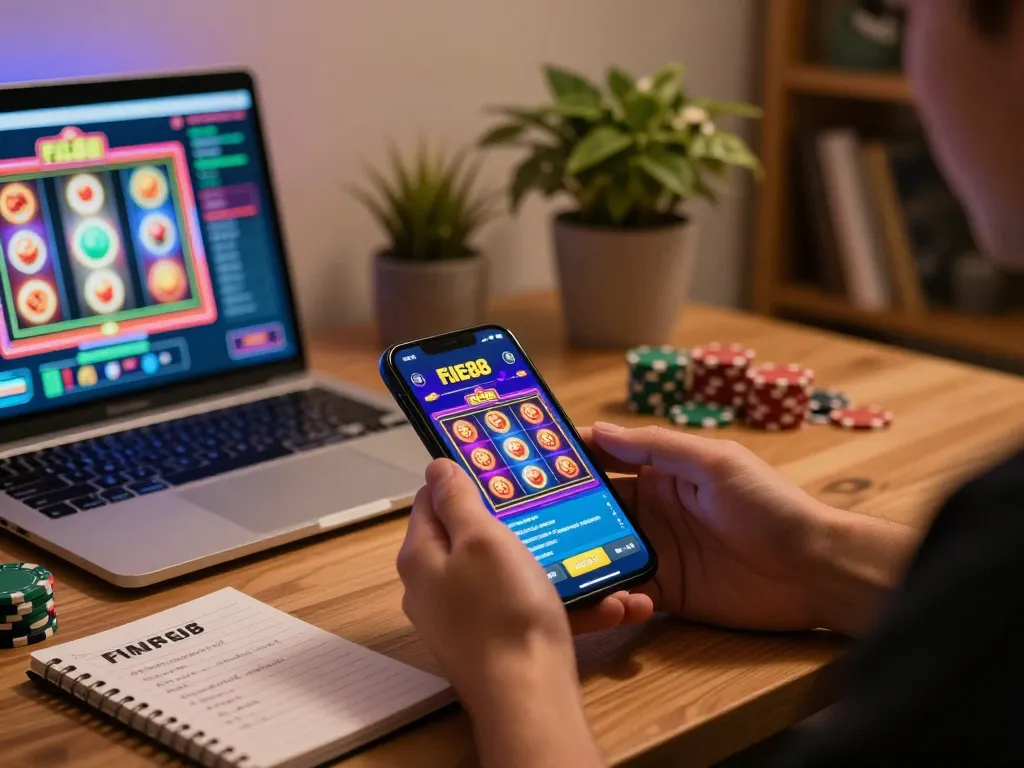 Experience the five88 casino app on mobile with vibrant online gaming action in a cozy workspace