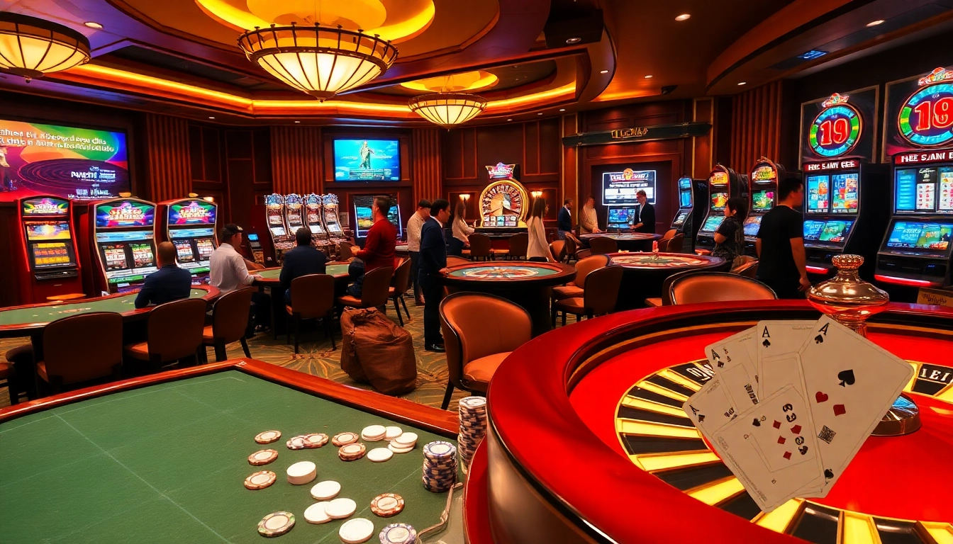 Cổng game LUCK8 captures a lavish casino scene with players at gaming tables.