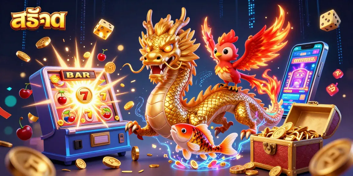 Spin the สล็อต reels with excitement as a majestic dragon and phoenix unite in a vibrant casino scene.
