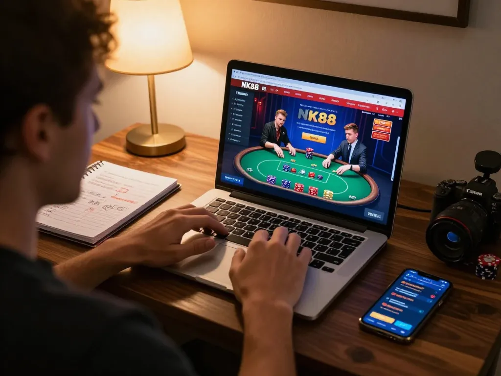 Player enjoying NK88 online poker, showcasing strategic bets on a laptop in a cozy home setting.