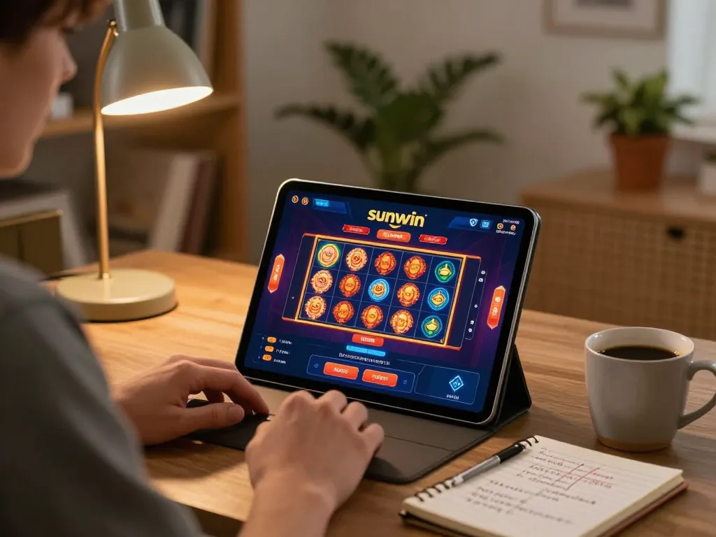 Engaging online gaming with sunwin app on a tablet showing vibrant casino games at home.